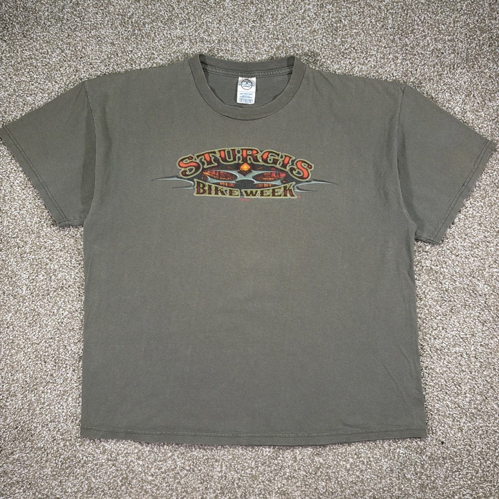 Vintage Sturgis Bike Week Olive Green Tee Size Large USA Y2K Double Sided